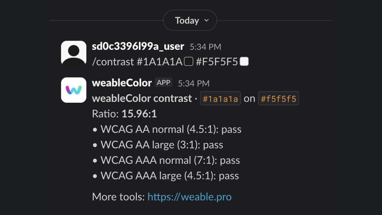 Slack /contrast reply showing 15.96:1 ratio and WCAG pass results